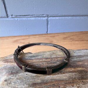 Silver Bangle Bracelet Red  Green Stone Inlays & Safety Chain